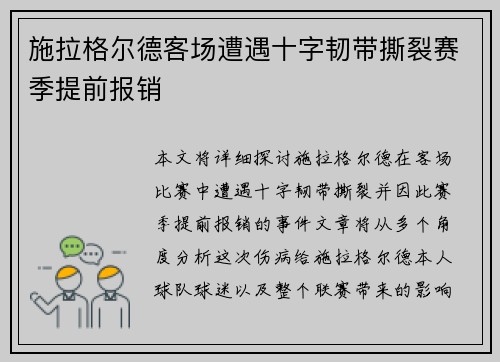 施拉格尔德客场遭遇十字韧带撕裂赛季提前报销