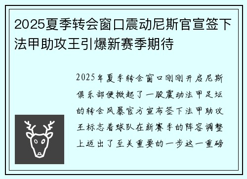 2025夏季转会窗口震动尼斯官宣签下法甲助攻王引爆新赛季期待